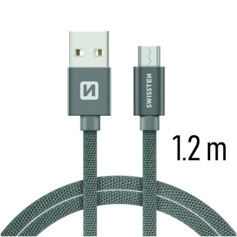 Swissten – adat- és töltőkábel textil bevonattal, USB/USB-C, 1,2 m szürke