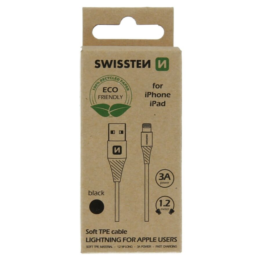 Swissten – adat- és töltőkábel USB/lightning, 1,2m, fekete