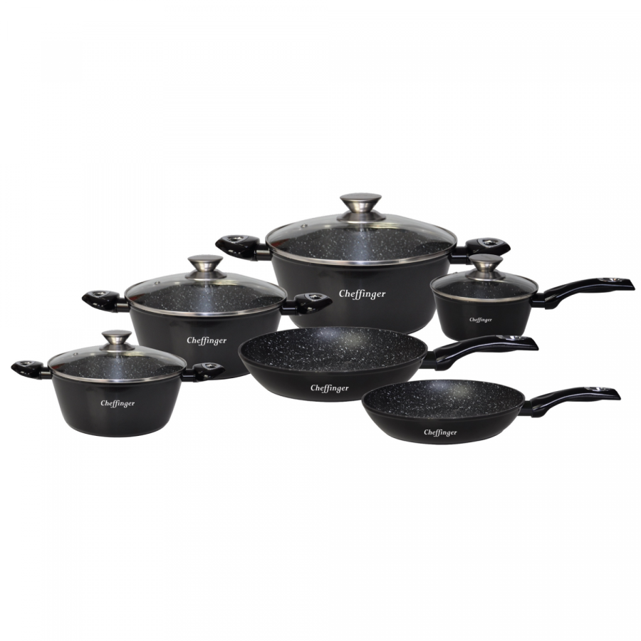 Cheffinger CF-FA1010-BLK: 10 darab márvány bevonatú edénykészlet