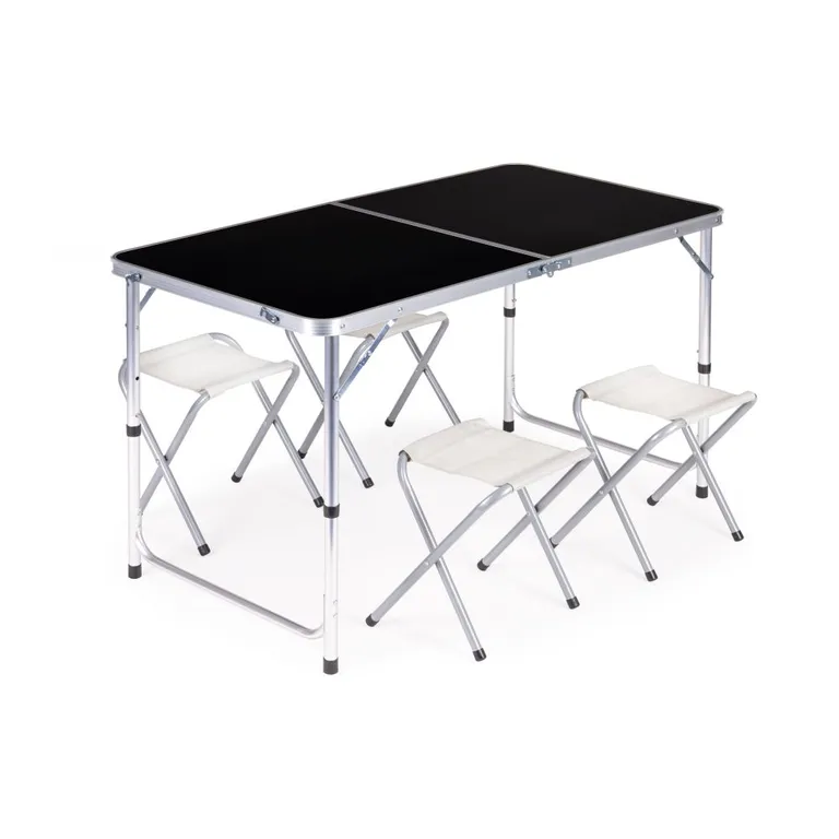 Összecsukható kemping asztal 4 túrista székkel, állítható magassággal (119.5x60x61-69.5cm) álló szett, fekete
