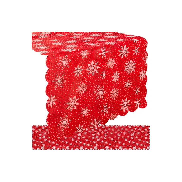 Hosszú Karácsonyi Asztalfutó, Piros, Fehér Hópelyhekkel, 185 x 35 cm