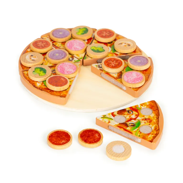 Játék Fafelületű Pizza Gyerekeknek Több Mint 3 Éves Kor Felett - 27 Elemmel, Fa Anyagból, 21x21 cm Méretben