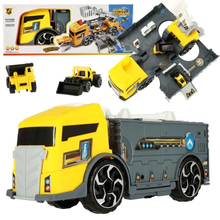 2 az 1-ben szállító teherautó parkoló pótkocsival, autókkal, sárga