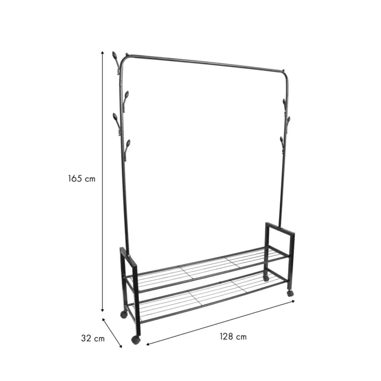 Álló ruhafogas akasztósínnel, 7 fogassal, 2 cipőspolccal, fekete, fém, 165x32x128 cm