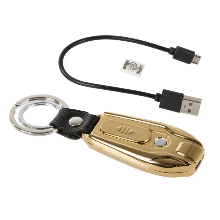 Elektromos öngyújtó LED lámpával, kulcstartóval, USB tötés, 11x3 cm, kék, aranysárga, grafitszürke, színváltó