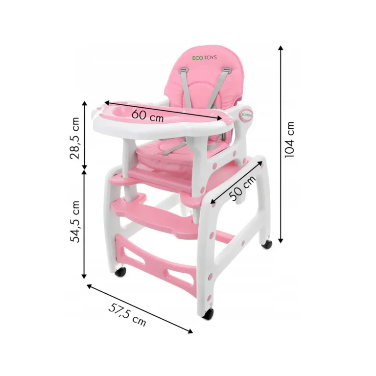 Ecotoys 3 az 1-ben etetőszék kivehető, állítható tálcával, szék asztallal, rózsaszín-fehér