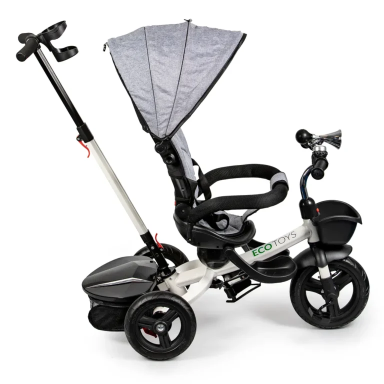 Tolható baba tricikli 360°-ban forgatható üléssel, tárolóval, nappellenzővel, szürke