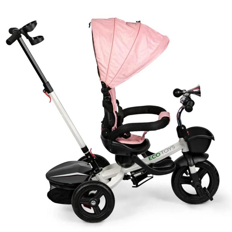 Tolható baba tricikli 360°-ban forgatható üléssel, tárolóval, nappellenzővel, rózsaszín