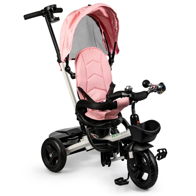 Tolható baba tricikli 360°-ban forgatható üléssel, tárolóval, nappellenzővel, rózsaszín