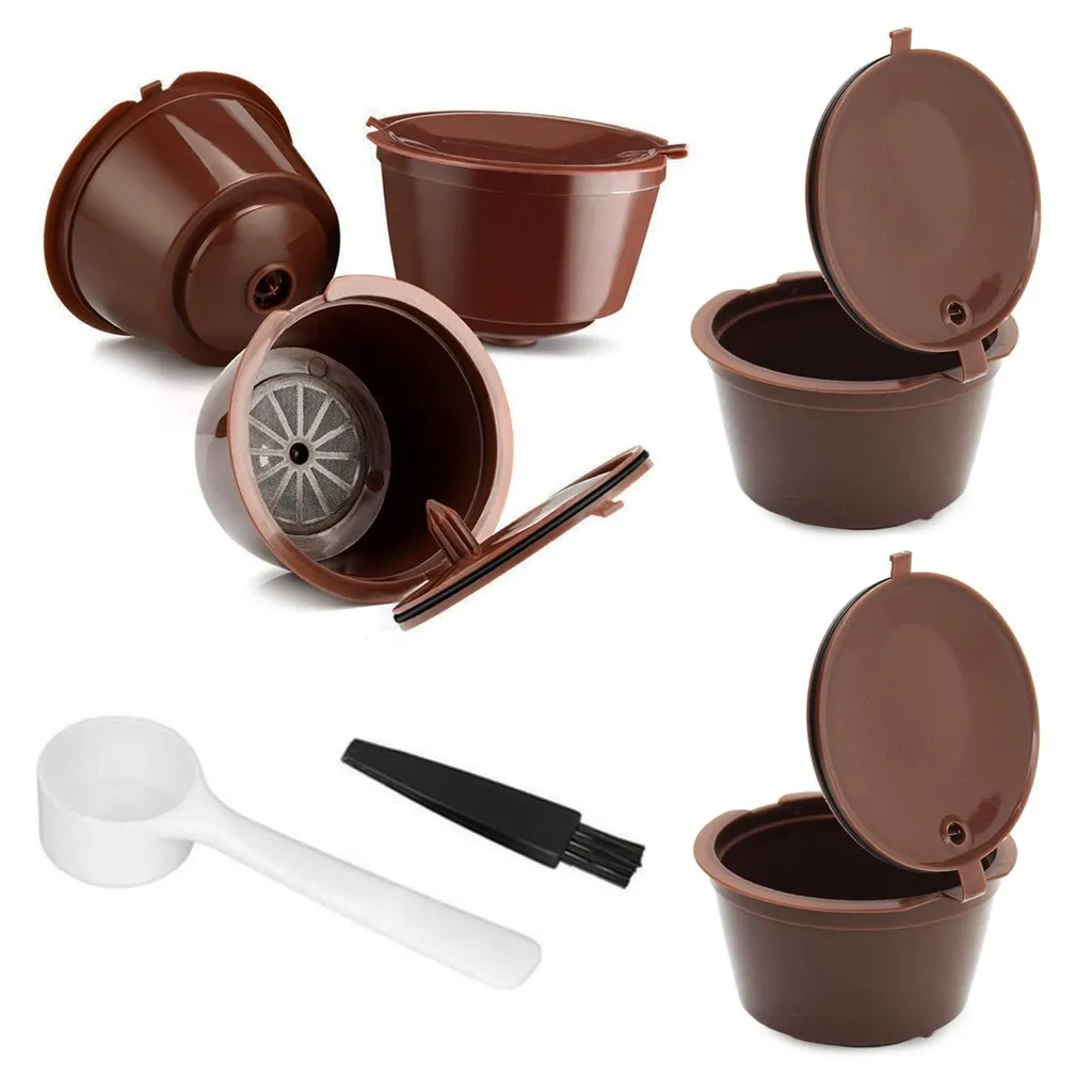 5 x újrafelhasználható Dolce Gusto kávékapszula tisztítókefével, mérőpohárral, barna