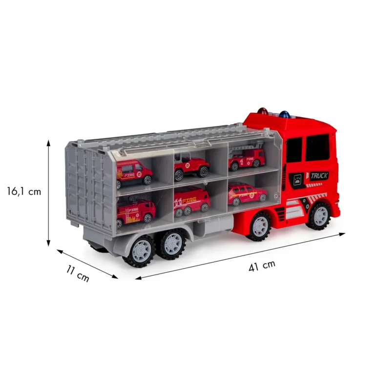 6 tűzoltóautó óriás tűzoltókocsi tartóban, fény-és hanghatásokkal 41x11x16,5 cm