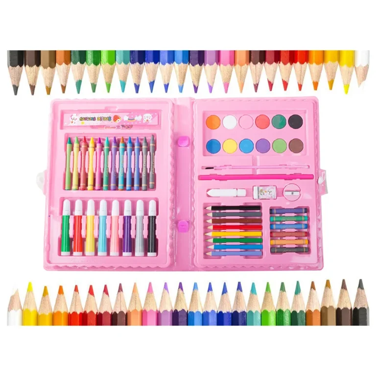 68 db-os festő-rajzoló-alkotó készlet kiegészítőkkel, rózsaszín hordtáskában