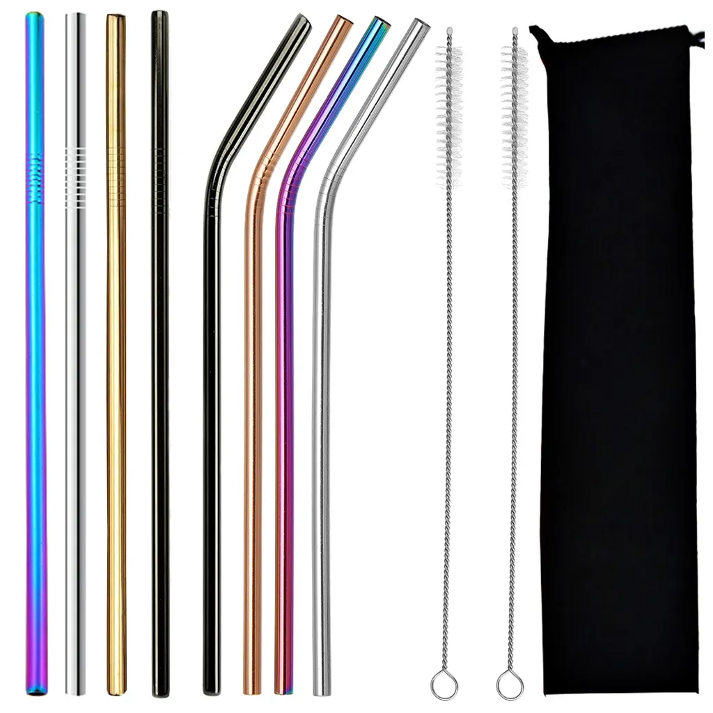 8 db fém szívószál tisztítókefével, tasakkal, színes, 21 cm
