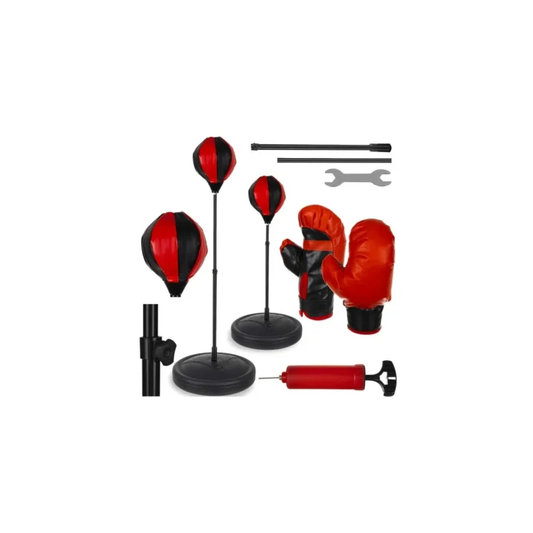 Állítható magasságú gyerek boksz készlet felfújható bokszzsákkal, bokszkesztyűvel, piros/fekete