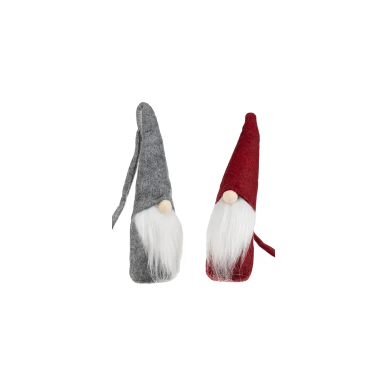 Szürke és piros, fehér szakállas, hosszú sipkás manó dekoráció. Manó 23 cm, sipkával 93 cm