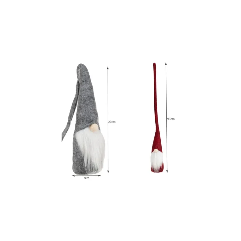Szürke és piros, fehér szakállas, hosszú sipkás manó dekoráció. Manó 23 cm, sipkával 93 cm