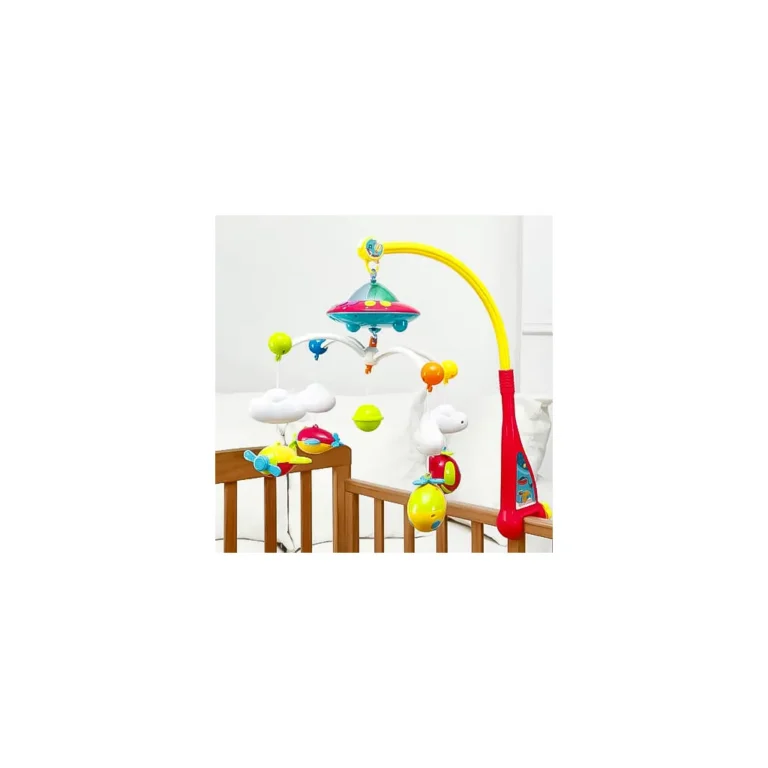 Színes, zenélő forgó repülő járműves figurákkal babaágyra, 50x36x52 cm