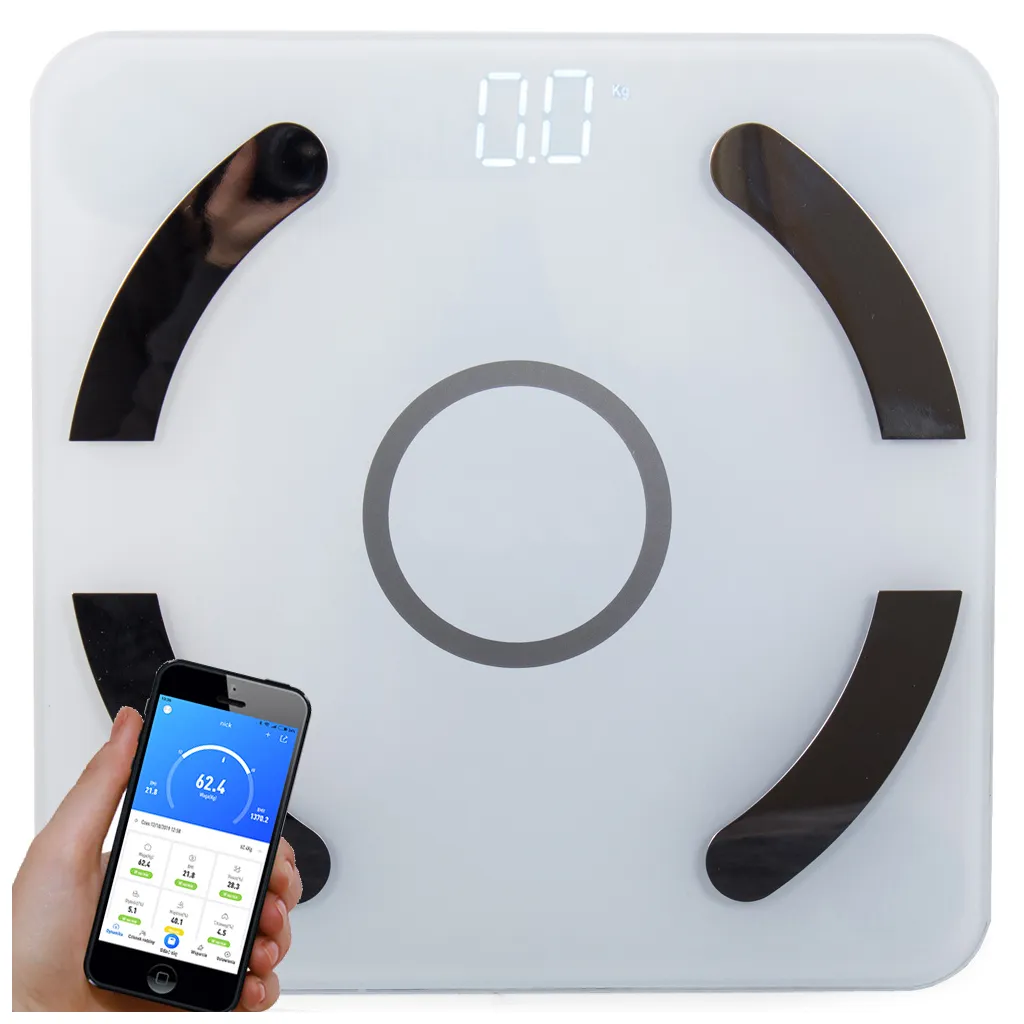Intelligens fürdőszoba üveg mérleg LCD kijelzővel, bluetooth kapcsolattal, letölthető alkalmazással, 180 kg, 28cm x 28cm x 2cm, fehér