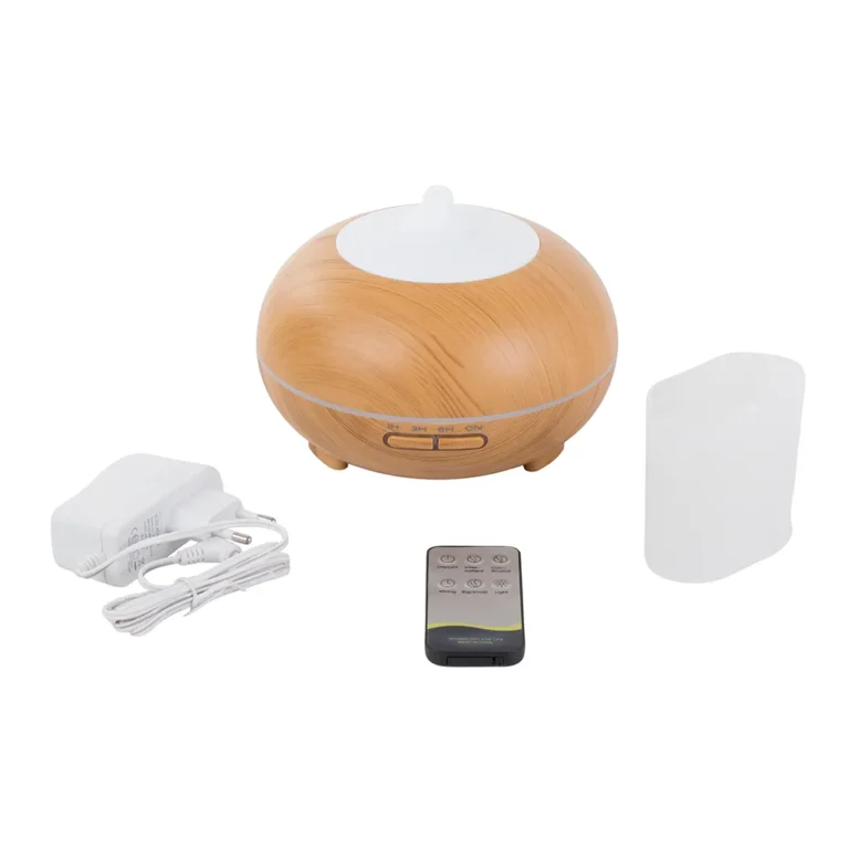 Aromaterápiás aroma diffúzor levegő párásító, 300 ml, 8 W, USB, 13cm x 17cm x 17cm, világosbarna/sötétbarna