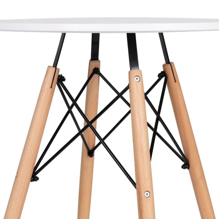 Modern kör alakú étkezőasztal bükkfa lábakkal, rácsos díszítő elemmel, 60 cm, fehér-fa szín