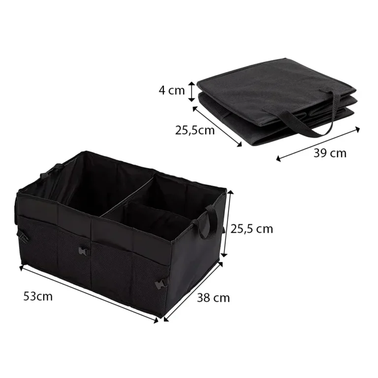 Csomagtartó-szervező táska 3 fő rekesszel, tépőzáras, hálós zsebekkel, fogantyúval, 53x38x25.5cm, fekete