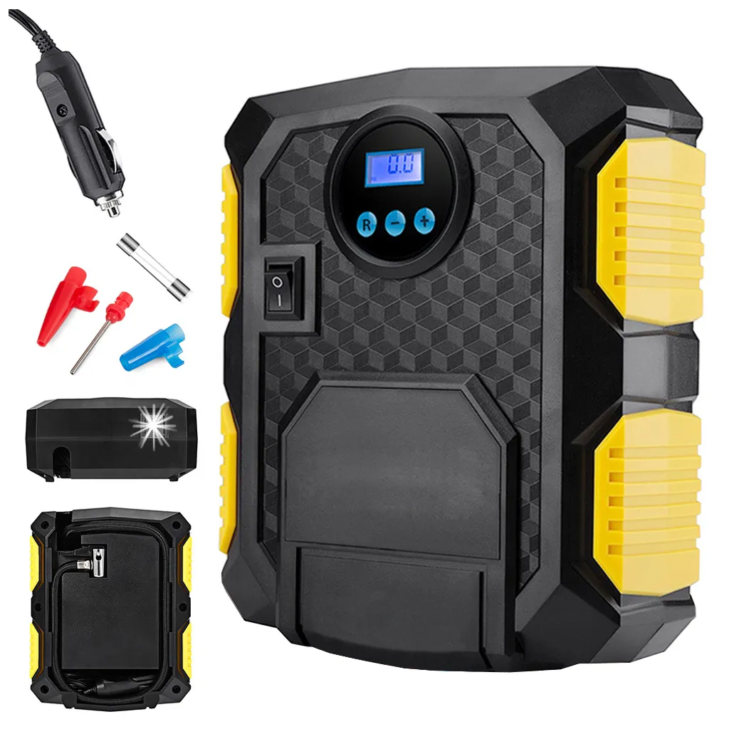Autó kompresszor LCD kijelzővel, 12v led lcd 120W, 19,5cm x 15,5cm x 7,5cm, fekete-sárga