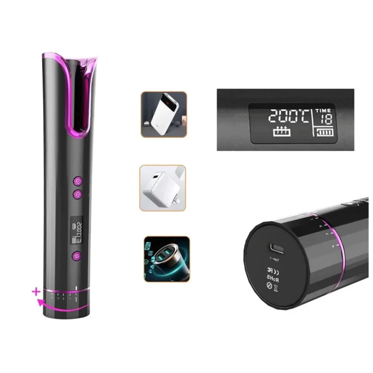 Vezeték nélküli hajgöndörítő LCD kijelzővel, akkumulátorral, 150-200°C, USB, 23cm x 4cm, rózsaszín-fekete