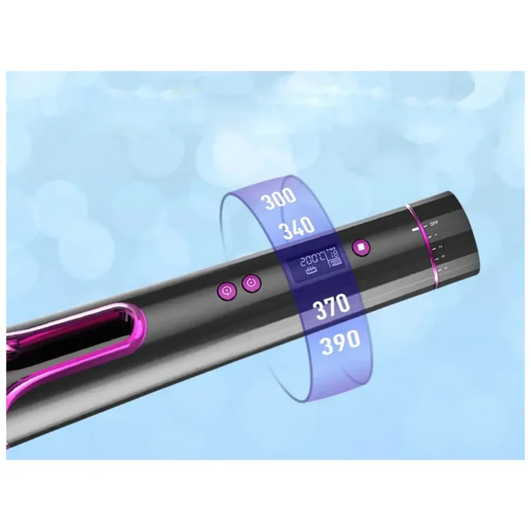 Vezeték nélküli hajgöndörítő LCD kijelzővel, akkumulátorral, 150-200°C, USB, 23cm x 4cm, rózsaszín-fekete