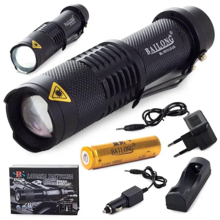 Bailong tölthető  taktikai LED-es zseblámpa CREE zoom XM-L T6 autós töltővel, fekete