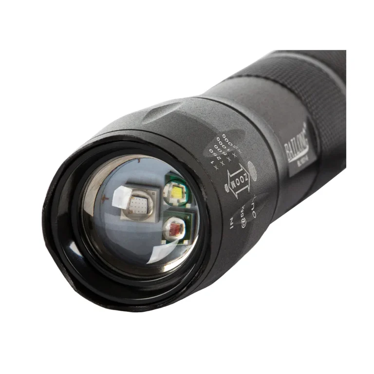 Bailong taktikai zseblámpa újratölthető akkumulátorral, CREE XPE Q3 LED zoom funkcióval, 3 fénymód: fehér, vörös és UV, 12.3cm x 3cm, fekete