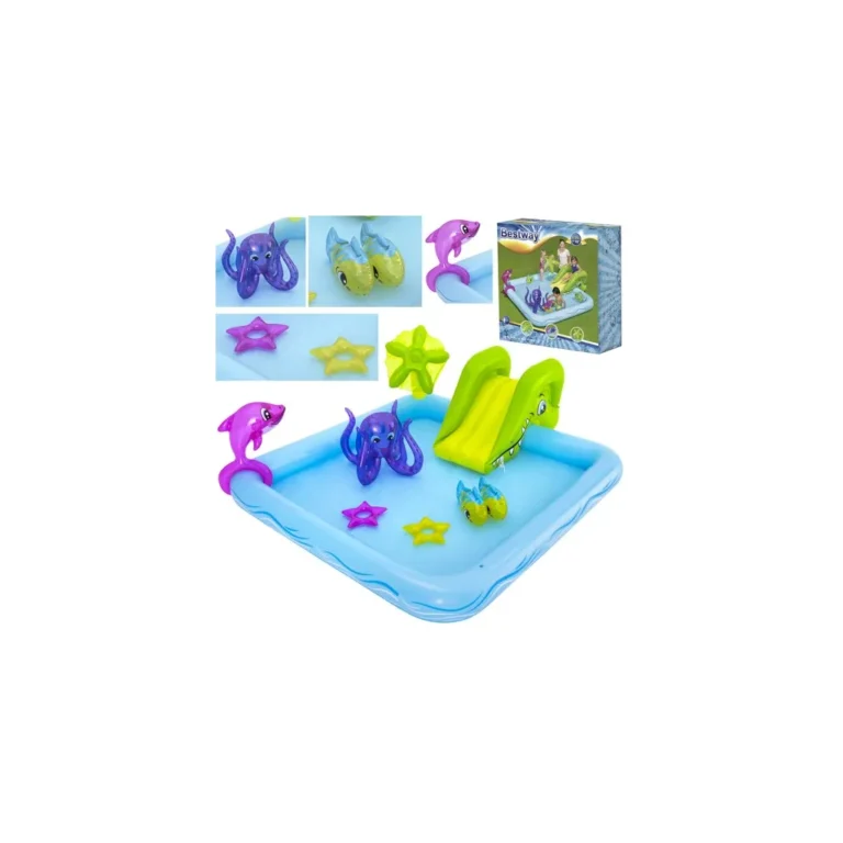 Bestway 53052 Vízi játszótér csúszdával és felfújható állatokkal, 239 x 206 x 86 cm, színes