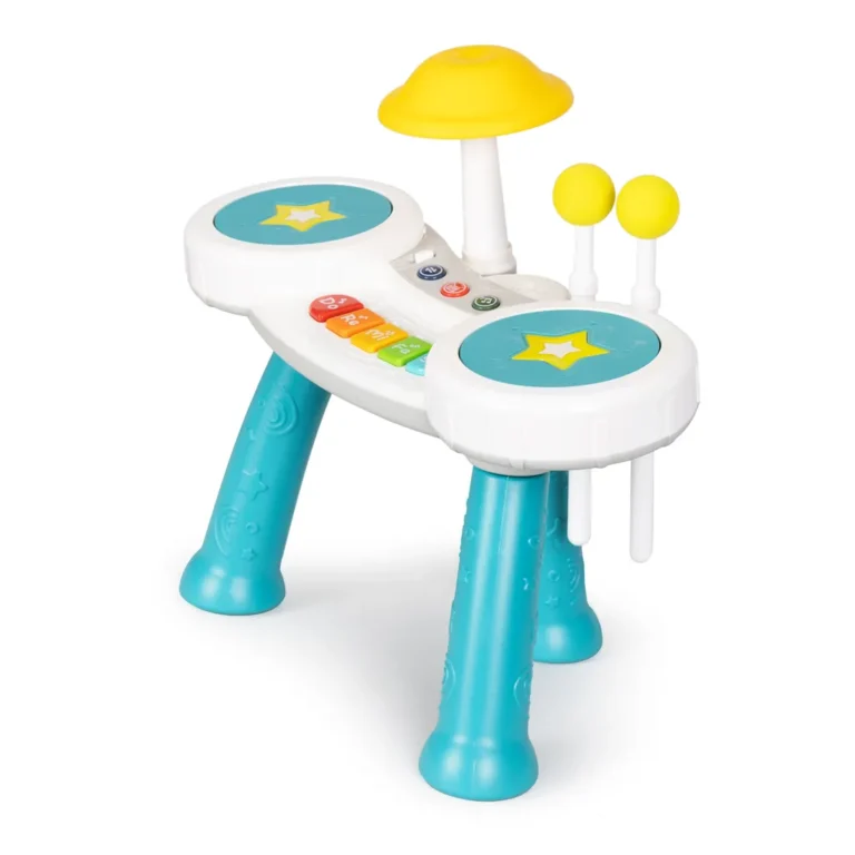 Zenélő játékasztal kisgyerekeknek dobokkal, kék-fehér alapszín, műanyag
