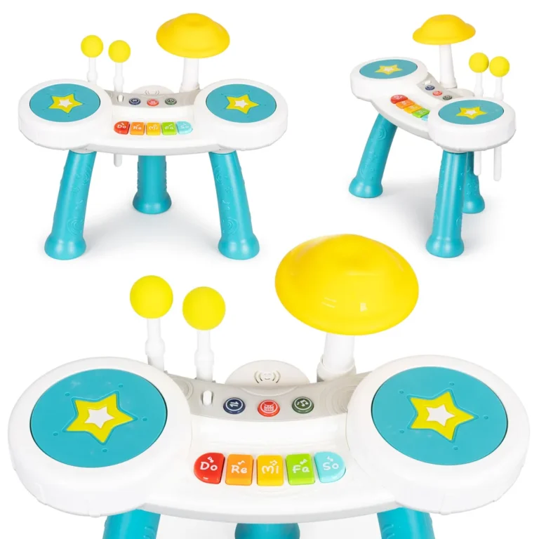 Zenélő játékasztal kisgyerekeknek dobokkal, kék-fehér alapszín, műanyag