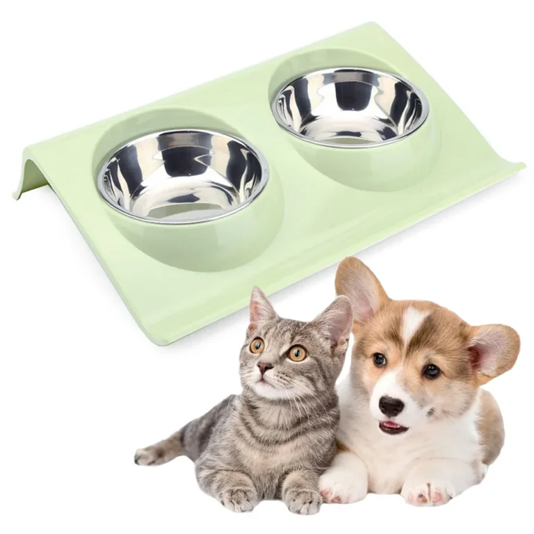 Kutya, macska etető-itató, dupla fém tál tartóban, 29x7x3 cm, rózsaszín, zöld, kék