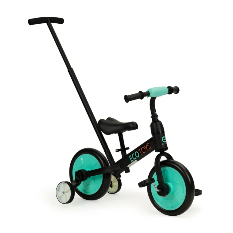 EcoToys 3 az 1-ben gyerek bicikli szülői vezető rúddal, levehető oldalkerekekkel és pedálokkal, 50x69x37 cm, zöld-fekete