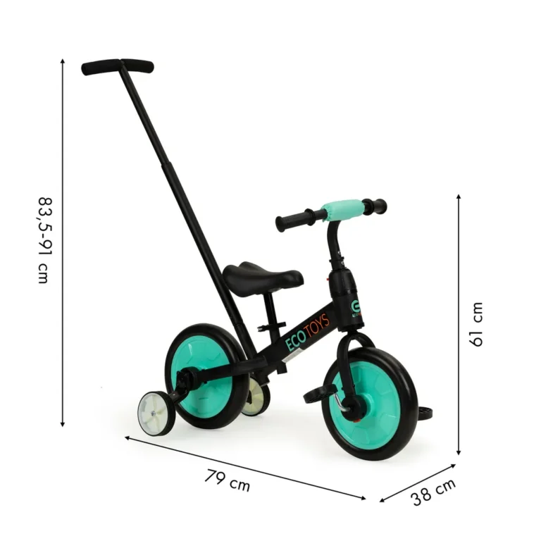 EcoToys 3 az 1-ben gyerek bicikli szülői vezető rúddal, levehető oldalkerekekkel és pedálokkal, 50x69x37 cm, zöld-fekete
