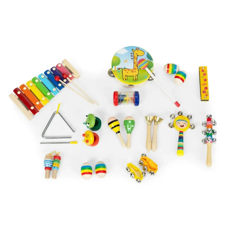 14 fa és fém hangszerből álló játékkészlet hordtáskával, színes