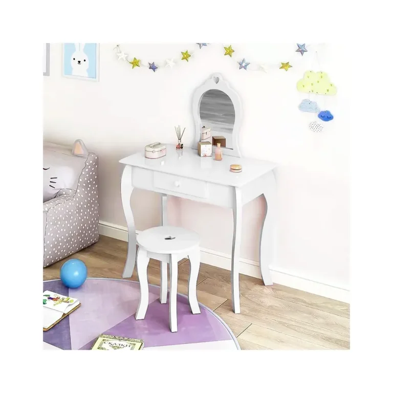 ECOTOYS Fiókos gyermek fésülködő- öltözőasztal tükörrel, székkel, 110x65x43 cm, fehér
