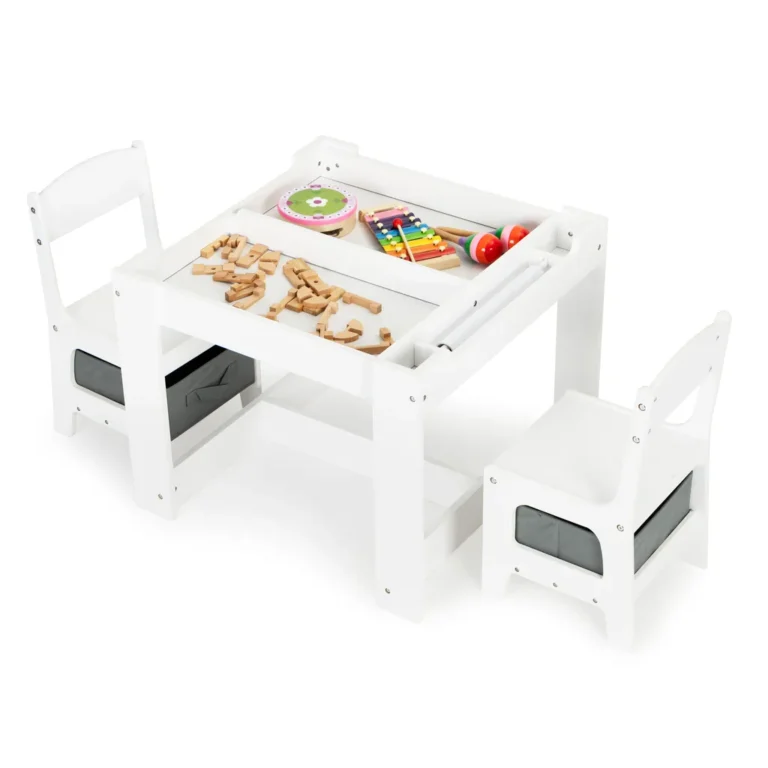 ECOTOYS Gyermekasztal 2 székkel, játéktárolókkal, levehető kétoldalas asztallappal, fehér