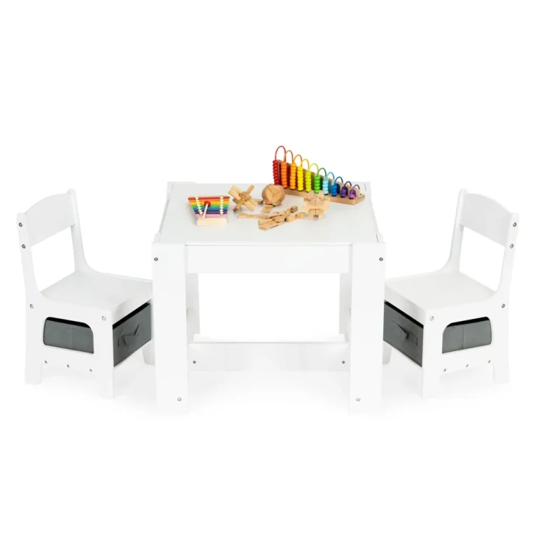 ECOTOYS Gyermekasztal 2 székkel, játéktárolókkal, levehető kétoldalas asztallappal, fehér