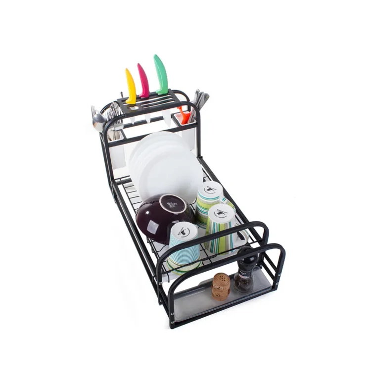 Konyhai edényszárító kivehető műanyag tálcával, evőeszköz- kés- és fűszertartóval, 29x55 cm, fekete-fehér