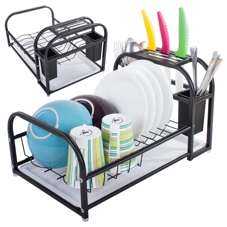 Konyhai edényszárító kivehető műanyag tálcával, evőeszköz- és késtartóval, 27x42 cm, fekete-fehér