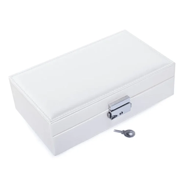Sokrekeszes ékszertartó doboz, műbőr, fehér, fekete, 21x12x6 cm