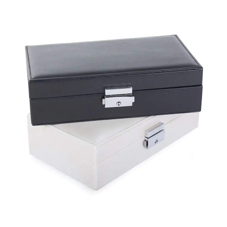 Sokrekeszes ékszertartó doboz, műbőr, fehér, fekete, 21x12x6 cm