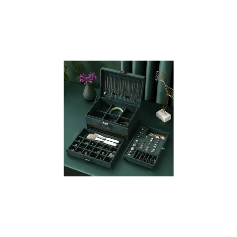 Elegáns ékszerdoboz kivehető fiókokkal, tágas tároló rekeszekkel, kulccsal zárható, 11 x 24.5 x 18 cm, zöld