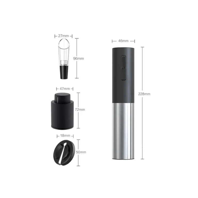 Elektromos dugóhúzó bornyitó kiöntő tölcsérrel, vákuumdugóval, USB, 22.8cm x 4.6cm, fekete-króm szín