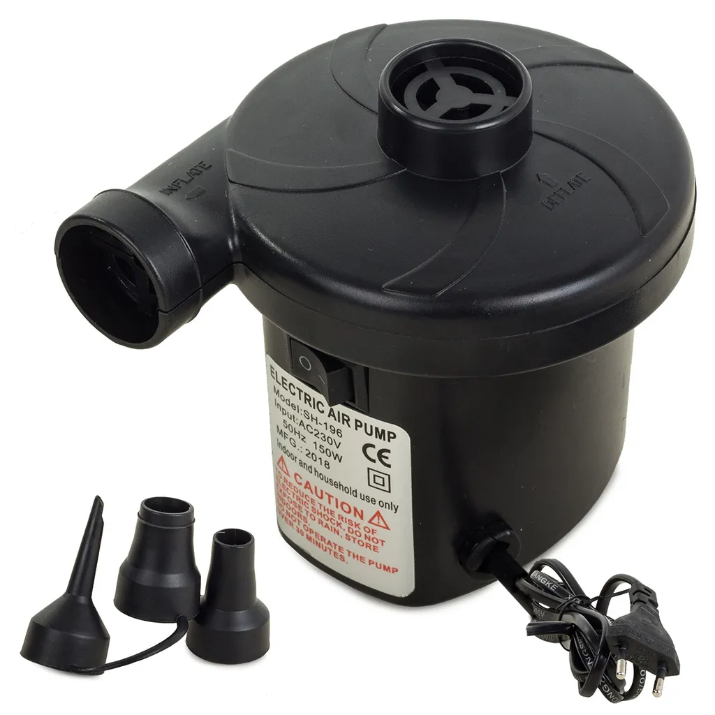 Elektromos matrac pumpa 3 cserélhető fejjel, 150W, 11 cm x 6.5 cm x 9.5 cm, fekete