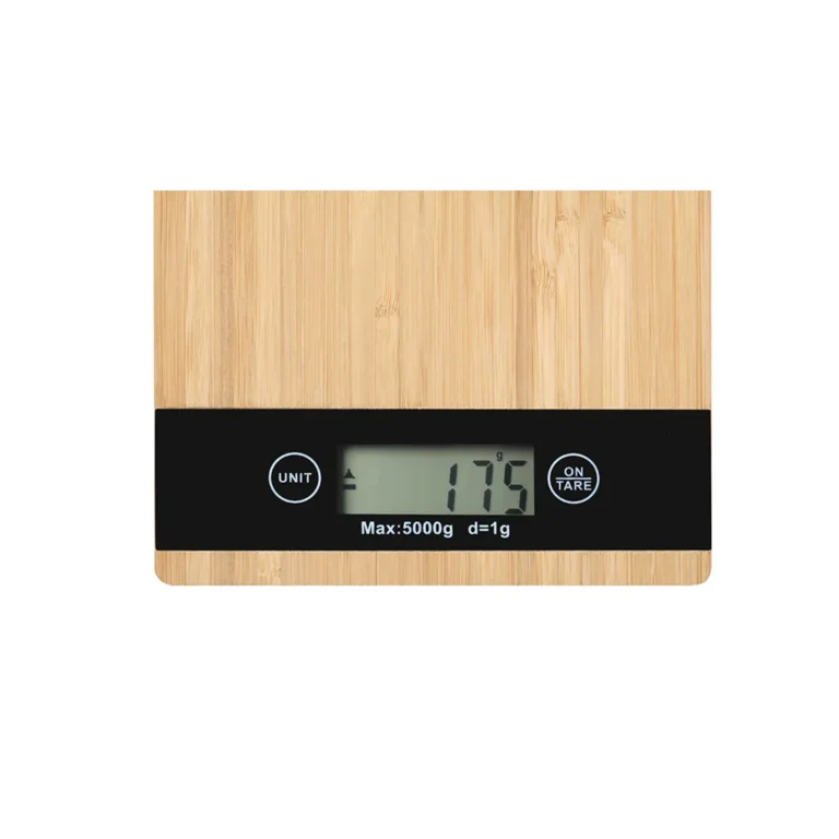 Elektronikus bambusz konyhai mérleg LCD kijelzővel 1 g - 5 kg, csúszásmentes lábakkal, 23 cm x 16 cm x 2 cm