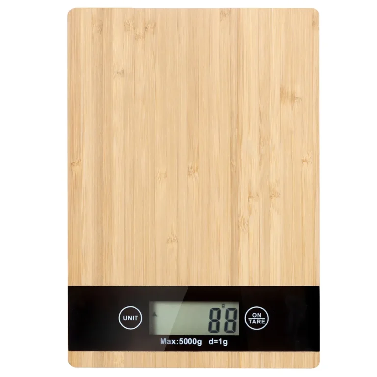 Elektronikus bambusz konyhai mérleg LCD kijelzővel 1 g - 5 kg, csúszásmentes lábakkal, 23 cm x 16 cm x 2 cm