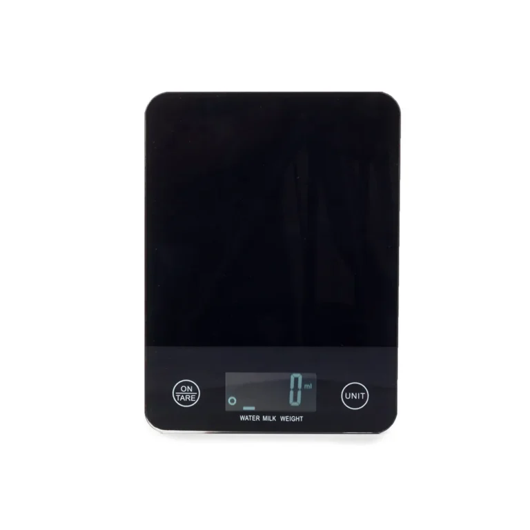Elektronikus konyhai üveg mérleg LCD kijelzővel 1 g - 5 kg, csúszásmentes lábakkal, 19,5 cm x 14,5 cm, fekete
